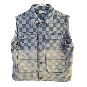 RE' VAN Light Wash Checkerboard Denim Vest Button Front Size 38